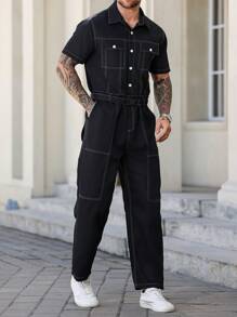 Manfinity Homme Men's Flap Pocket Drawstring Waist Shirt Jumpsuit Overall Men Men S Overall Men S Overalls Overalls For Men Men S Jumpsuit