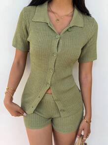 SHEIN EZwear Set de 2 bucăți de tricot cu mâneci scurte și pantaloni scurți, ocazional, pentru femei