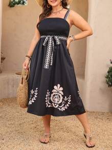 SHEIN Clasi Plus Size Botanical Print Square Neck Sleeveless Tie Waist Dress - Multicolor - View 3