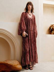 Arave 女士雪纺细肩带宽松喇叭袖灯笼袖度假风印花时尚通勤多层拼接V领荷叶边长裙两件套 - 棕色 - 查看 9