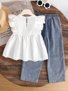 SHEIN Genkimix Kids 2件套女童可爱简约休闲荷叶边无袖上衣和时尚铆钉牛仔裤套装