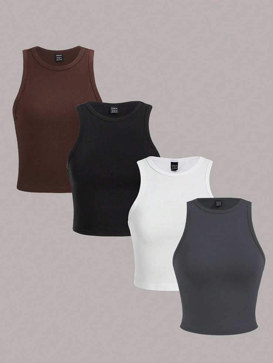 SHEIN Essnce 4 Set Atasan Crop Top Kasual Serbaguna Seksi Berwarna-warni untuk Wanita, Cocok untuk Musim Panas - MultiWarna - View 1