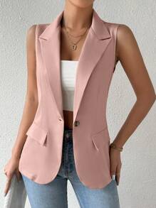 SHEIN PETITE Casual Commuter Sleeveless Blazer Jacket With Fake Pockets - Pink - View 4