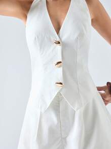 LYSMO Conjunto de traje de algodón y lino con botones metálicos para mujer - Nuevos llegados de primavera/verano 2025 - Blanco - Ver 5