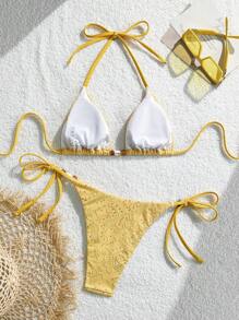 SHEIN Swim 2件套全新镂空提花面料黄色珠饰三角吊带性感比基尼女士泳衣套装 - 黃色 - 查看 7