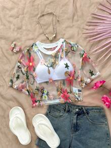 Soleia Summer Vacation Women Floral Embroidery Fashion Women Top - Multicolor - View 1