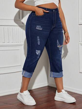 SHEIN CURVE+ 大码女式西部风弹力性感做旧紧身七分牛仔裤，夏季节日七分牛仔裤