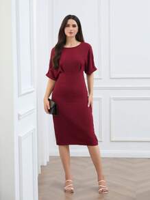 EMERY ROSE Women's Solid Color Batwing Short Sleeve Mid-Length Casual Dress - Burgundy - View 6