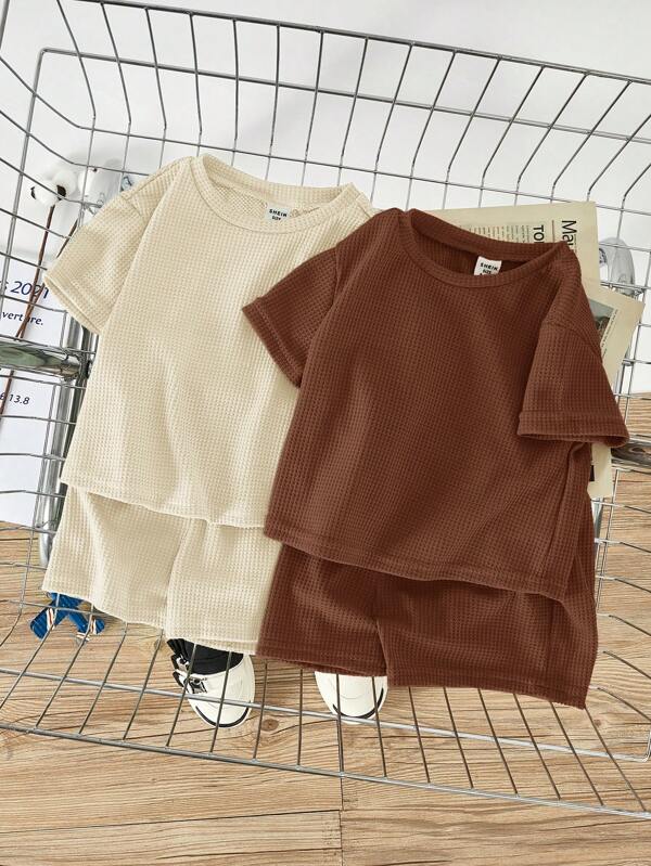 SHEIN 4pcs/Set Unisex Baby Plain Round Neck Raglan Pullover Top And Casual Shorts