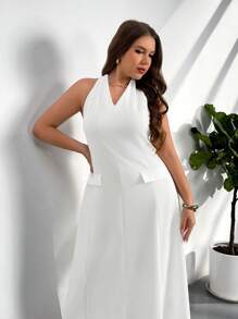 Firerie Đầm midi chữ A cổ chữ V tối giản thanh lịch cỡ lớn dành cho nữ, thích hợp mặc đi làm hàng ngày, màu trắng - trắng - Xem 5