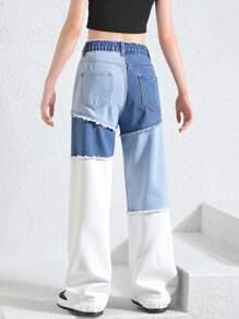 Denimly Tween Girl 都市街头时尚波西米亚风撞色原始下摆宽松直筒牛仔裤，带有原始下摆松紧腰带细节和平口袋，纽扣闭合，女孩必备的节日派对物品。 - 彩色 - 查看 2