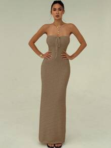 Aloruh 手工钩编夏季浪漫假期女士紧身连衣裙，春夏季 - 駝色 - 查看 4