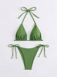 SHEIN Swim Vacation Beach Solid Color Bikini Set, Includes Triangle Top And Thong Bottom For Summer - Green - View 3