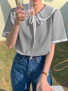 DAZY 时尚百搭精致格子短袖蕾丝边女式衬衫夏季 - 灰色 - 查看 1