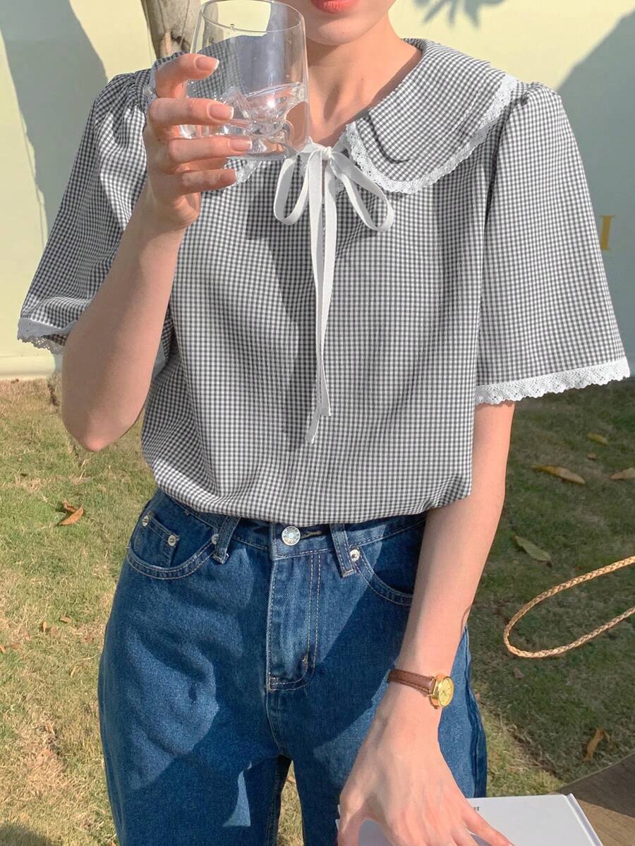 DAZY 时尚百搭精致格子短袖蕾丝边女式衬衫夏季 - 灰色 - 查看 1