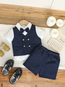 Souflis Souflis 男婴夏季绅士装套装 - 蝴蝶结短袖衬衫 + 双排扣背心 + 休闲短裤，3 件套，时尚优雅，适合生日派对、宴会、婚礼、戒指持有人、花童 - 彩色 - 查看 3