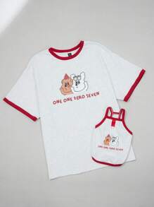 one one zero seven 主人与宠物搭配，可爱字母和图案印花宠物背心，带皮带扣，夏季图案背心，红色和灰色