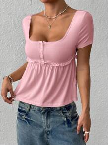 SHEIN EZwear 夏季简约纯色针织方领纽扣T恤 - 粉色 - 查看 6