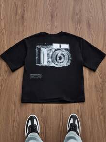 SWAVVY Standard Size Men's Black Short Camera Print T-Shirt, Fashionable For Summer - Black - View 3