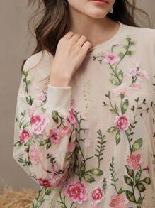 Anewsta Áo nỉ nữ thêu họa tiết hoa mỏng, áo dài tay thanh lịch và đa năng, tốt nghiệp, giáo viên, áo chui đầu trở lại trường mùa thu - Màu be - Xem 1