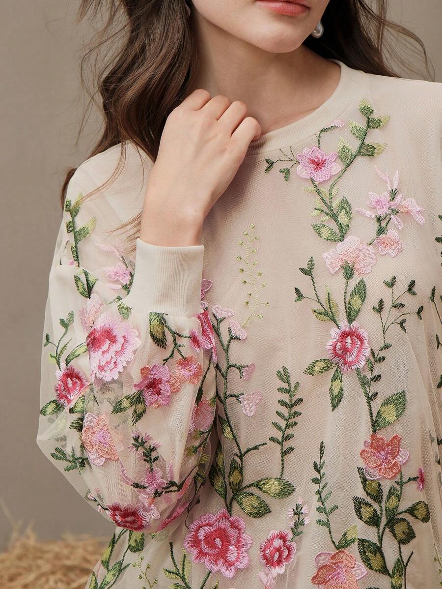 Anewsta Áo nỉ nữ thêu họa tiết hoa mỏng, áo dài tay thanh lịch và đa năng, tốt nghiệp, giáo viên, áo chui đầu trở lại trường mùa thu - Màu be - Xem 1