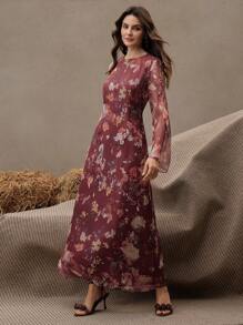 Anewsta 女式花卉印花长袖休闲长裙，优雅时尚 - 酒紅色 - 查看 4