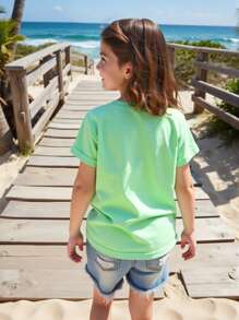 SHEIN Young Girl' Basic Round Neck Short Sleeve Green Solid T-Shirt - Green - View 1