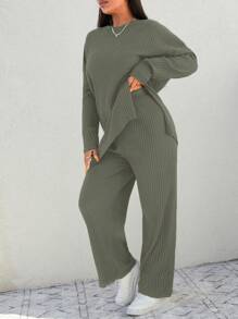 EURMUSE Plus Drop Shoulder Split Hem Tee & Pants - Mint Green - View 4