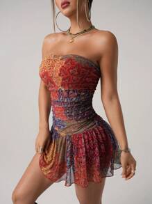 SHEIN ICON 女士性感撞色印花抹胸迷你连衣裙，夏季 - 彩色 - 查看 5