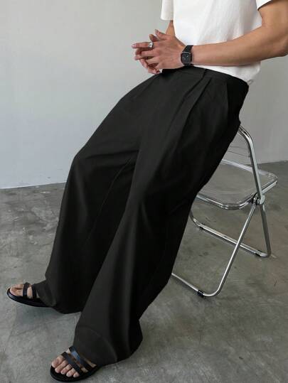 Claim Dot 男士纯色褶皱口袋宽松阔腿休闲裤，宽松黑色裤子，秋季