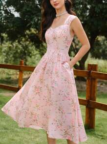 Vintamour Retro Elegant Women Floral Print Relaxed Fit Swing Dress, Loose Fit With Wide Straps, Pink Umbrella Hem Summer Sun Dress Mother Day Outfit Mother Day Dress Summer Dress Graduation Dress Sun Dresses For Women Wedding Guest Dress Women Vacation Outfits Women Birthday Dresses For Women Floral Dress Women Festival Outfits For Women Teacher Outfits For Women