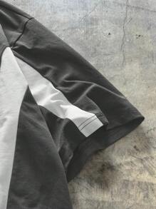 AXEPEAK 男士针织休闲日常宽松短袖拼布 T 恤，夏季，街头潮流必备 - 深灰色 - 查看 4