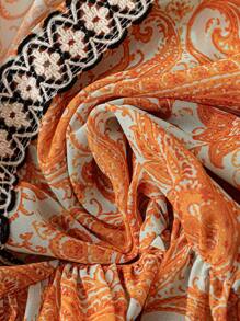 Flirla Plus Size Boho, Vacation, Going Out Tops, Elegant, Vintage V-Neck Patchwork Contrast Color Ribbon Ruffle Batwing Sleeve Floral Chiffon Blouse For Women, Summer - Multicolor - View 5