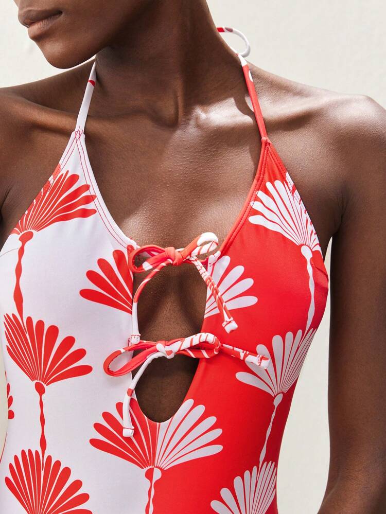 SHEIN Maija 1개 여성 휴가 프린트 레이스업 V넥 1피스 수영복