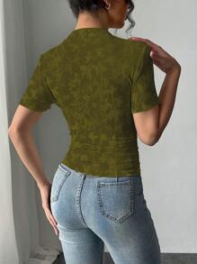 SHEIN Unity 提花刺绣纽扣褶饰腰部T恤，夏季时尚 - 軍綠色 - 查看 2
