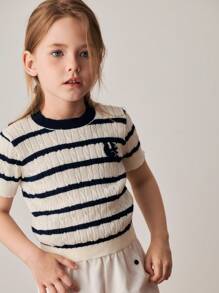 PrepCrw Girls' Spring/Summer Preppy Style Blue & White Striped Textured Fitted Round Neck Sweaters - Multicolor - View 4