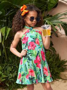 SHEIN Elladie kids Young Girls' Casual Tropical Floral Print Sleeveless Dress, New Spring/Summer Collection Girl Dress Tropical Summer Holiday - Green - View 5