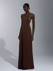 Elitara 优雅、浪漫、性感、简约、棕色缎面吊带露背连衣裙，金属扣装饰，紧身、时尚、网红风格，适合节日、度假、生日派对、婚礼活动、伴娘 - 鏽棕色 - 查看 5