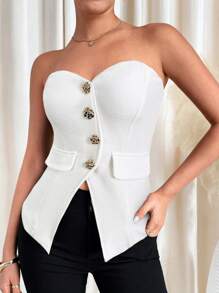 SHEIN Clasi Women's Gold Flower Button Decor Bandeau Top - White - View 4