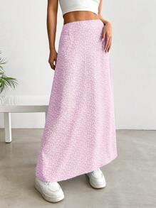 SHEIN EZwear 女士浅粉色高腰长款休闲碎花裙，夏季 - 淺粉色 - 查看 5
