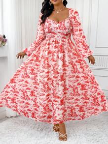 SHEIN Clasi Damen Kleid in Große Größen mit kleinem Blumenmuster, romantischer französischer Landhausstil mit Volants am Kragen, Langarm, taillierter Schnitt, lange Bauernkleid-Silhouette - Rot - Übersicht 7
