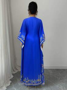 Elenzga Round Neck Ruched Waist Elegant Floral Print Long Dress For Women - Blue - View 2