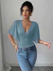 Selianne Casual Vacation Asymmetrical Ruffle Short Sleeve Crop Top For Women - Dusty Blue - View 6