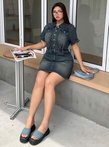 Dazy Plus Washed Retro Wrap Denim Girl's Short Sleeve Mini Dress, Summer - Medium Wash - View 4