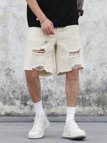 Manfinity Homme 宽松男士棉质破洞、磨损、毛边牛仔短裤