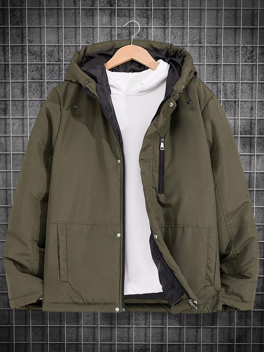 RueChic Abrigo acolchado con capucha con bolsillo con cremallera para hombre - Verde militar - Ver 1