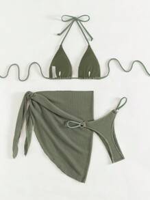 SHEIN Swim 3pcs Vacation Beach Bikini Set, Special Fabric For Summer - Army Green - View 2
