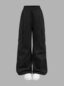 Conjunto de 2 piezas para niña preadolescente con camiseta de cuello en V de manga corta holgada con estampado numérico y alfabético, y pantalones cargo de pierna ancha - Blanco y Negro - Ver 6