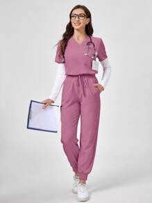 TaskEZ Scrub Uniform Set: Short Sleeve V-Neck Top And Long Pants