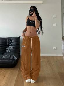 Flirla 女式街头时尚条纹抽绳宽松黑白长裤 - 棕色 - 查看 6